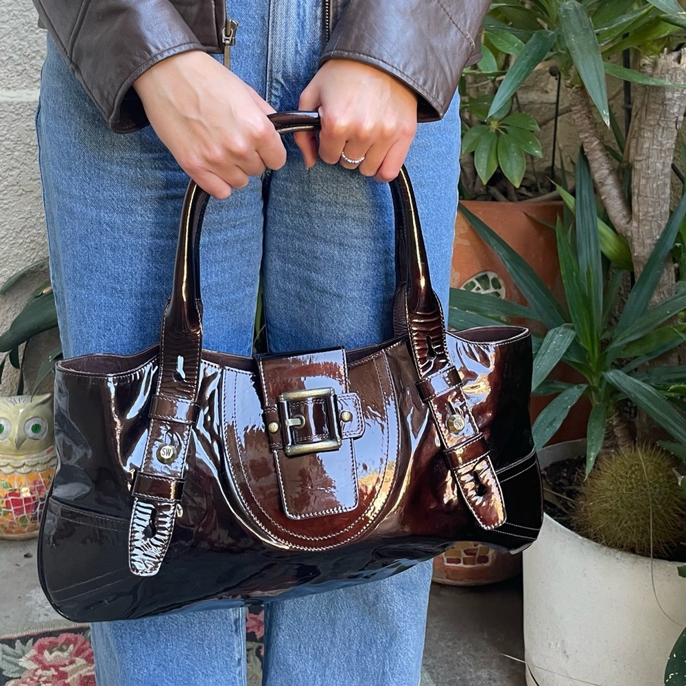 Vintage dark brown/gold Stuart Weitzman patent leather bag